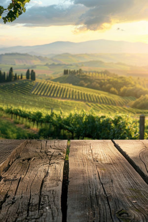 Wooden tabletop foreground with a scenic view of rolling vineyards, idyllic Tuscan landscape at sunset.の素材
