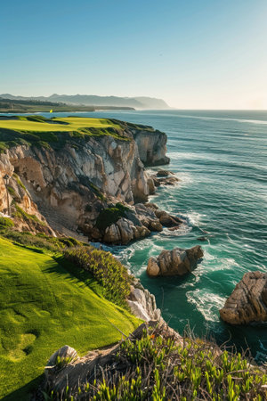 Stunning coastal golf course with rugged cliffs, wide-angle shot, bright clear sky, emerald green fairways, dramatic seascape.の素材