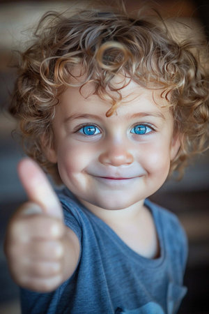 Toddler giving thumbs up, beaming with big blue eyes and curly hair. Close-up, blurred rustic background.の素材