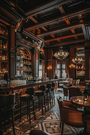 Luxurious bar with grand architecture, warm lighting, and rich decor, evoking a classic and sophisticated ambiance. Wide shot.の素材