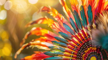 Vibrant Native American headdress with colorful feathers, close-up shot, focused lighting for a rich cultural display.の素材