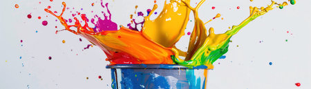 A bucket of vibrant paint splashing mid-air, creating a dynamic and colorful explosion, symbolizing creativity and the messy process of art.の素材