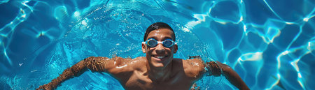 A joyful man wearing swimming goggles smiles broadly in a sparkling pool, representing relaxation and leisure activities.の素材