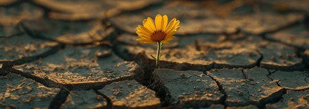 A single yellow flower sprouting from cracked, dry earth, a powerful image of life and resilience.の素材