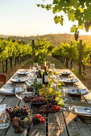 Rustic outdoor dining setup in a vineyard at sunset, with wine, glasses, and grapes, inviting a serene and gourmet experience.の素材