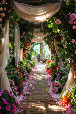 Enchanted garden pathway flanked by lush flower arches and billowing curtains, perfect for a fairy tale setting.の素材