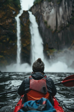 Kayaker paddles toward a roaring waterfall, framed from behind, emphasizing both the serene determination and the immense power of nature.の素材