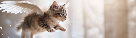 Playful kitten with angelic wings floating mid-air against a plain background, capturing an imaginative and surreal concept.の素材