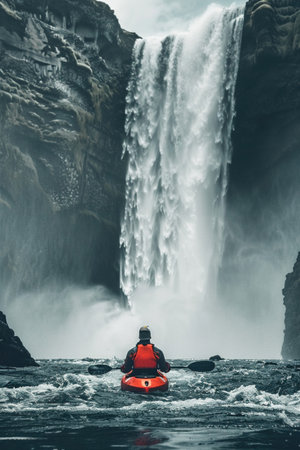 Kayaker paddles toward a roaring waterfall, framed from behind, emphasizing both the serene determination and the immense power of nature.の素材