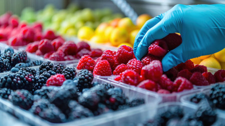 Laboratory close-up of a gloved hand arranging berries in rows, vibrant fruit colors stand out against the sterile, precise setup.の素材