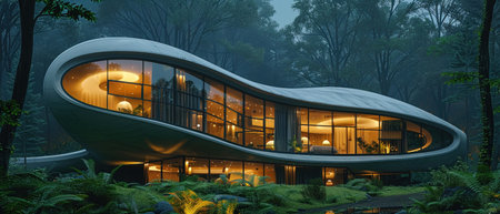 The same futuristic home from image one, glowing in the forest, reflecting the curves of modern architecture blending into nature.の素材