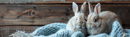 Pair of fluffy bunnies perched on a cozy blue blanket with a wooden plank backdrop, embodying warmth and innocence in a whimsical portrait.の素材