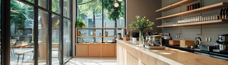 Sleek cafe interior with natural light flooding through large windows, wooden counters and shelves neatly arranged, creating a bright and minimalist atmosphere.の素材