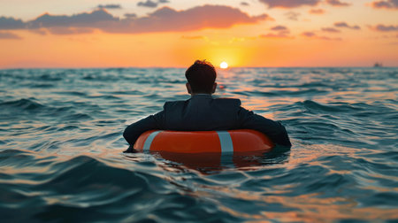 Man in a suit floating in the ocean at sunset with an orange life buoy, contrasting determination and uncertainty, reflecting resilience amidst challenges.の素材