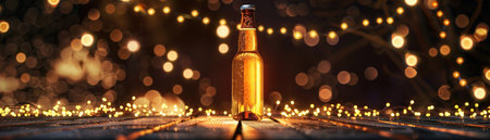 A beer bottle placed in the center, illuminated by warm fairy lights, creating a festive, sparkling glow on a dark table.の素材