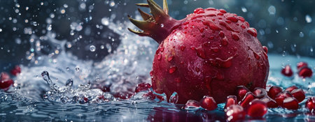 A whole pomegranate and seeds splashing in crimson juice, droplets frozen mid-air, adding drama and freshness.の素材