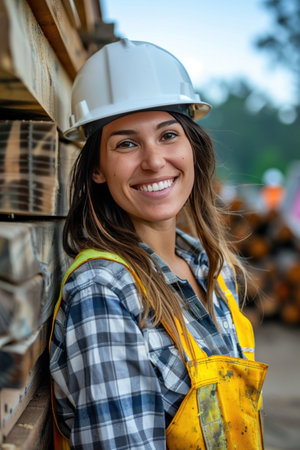 A female construction worker smiling, posed confidently in a hard hat at a lumber yard.の素材