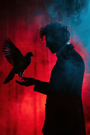 A magician in silhouette, holding a dove in one hand, bathed in theatrical red and blue lighting.の素材