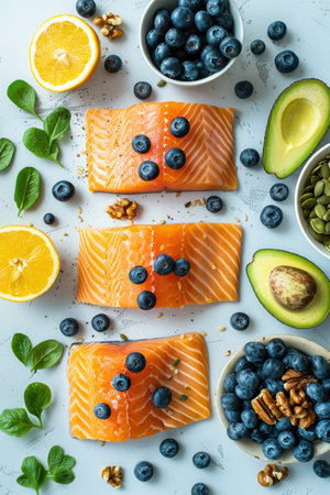 Array of salmon, avocado, blueberries, and nuts, neatly arranged on a white background, overhead shot with bright lighting.の素材