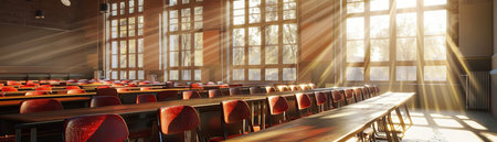 Empty classroom with rows of red chairs and wooden desks, sunlight filtering through the windows, wide-angle perspective capturing a nostalgic mood.の素材