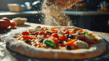 Chefs hand dusting flour on a homemade pizza, vibrant toppings, medium closeup, warm kitchen lightの素材