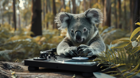 Koala spins a record on a turntable in a forest setting, focused expression, soft natural light, humorous conceptの素材