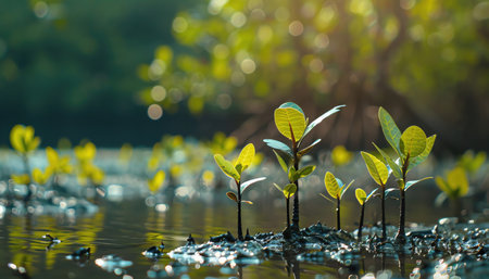 Mangrove saplings planted in coastal mud, shallow focus, morning sunlightの素材