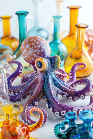 Octopus surrounded by colorful flasks and beakers on a white background, intense gaze, highcontrast lighting, whimsical conceptの素材