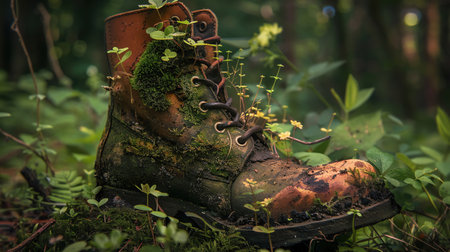 Old muddy boot with moss and plants growing from it, forest setting, soft natural lightingの素材