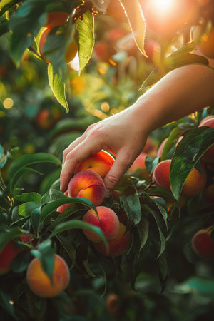 Peaches ripening on a sunlit tree branch, a hand reaching to pick one as morning sunlight filters through the orchard.の素材