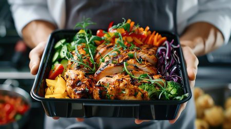 Chef holding a neatly prepared lunch box of grilled chicken and colorful vegetables, kitchen background, bright natural lightの素材