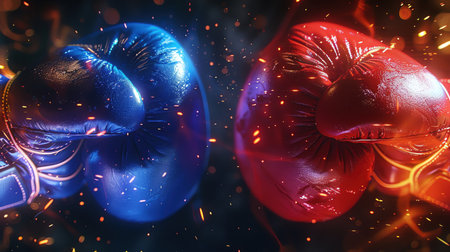 Blue and red boxing gloves clashing in the center of a boxing ring, glowing embers and sparks surrounding themの素材