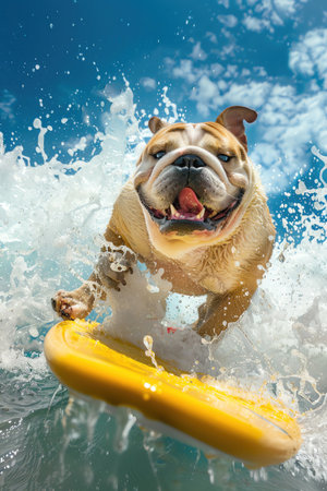 Energetic bulldog rides a bright yellow surfboard through crashing waves Clear, sunny sky above with splashes all around Closeup shot highlights joyの素材