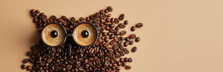Owl shape made from coffee beans, cups as eyes on beige background, topdown view for whimsical creativityの素材