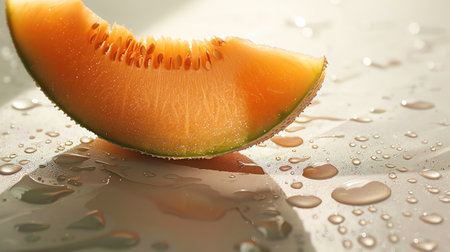 Slice of cantaloupe glistening under direct sunlight, water droplets on a white surface, highangle shotの素材