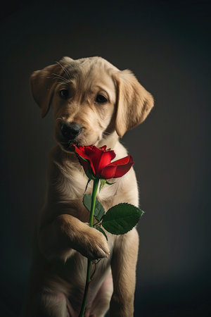Puppy holding a red rose, dark backdrop, soft lighting highlighting its innocent expression, centered frame.の素材