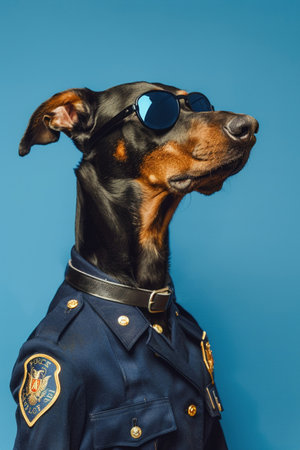 A Doberman, outfitted in a police uniform and sunglasses, stands against a solid blue backdrop, looking vigilant.の素材