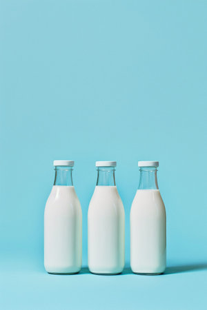 Three milk bottles in a row on a minimalist blue backdrop, capturing a clean, modern aesthetic.の素材