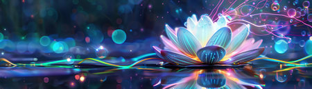 A delicate lotus flower glows in rainbow hues on a calm pond, symbolizing enlightenment and inner peace, surrounded by neon threads of lightの素材