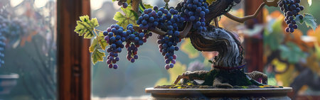 Closeup of a grapevine bonsai on an ornate wooden stand, backlit by soft morning light, grapes dangling gracefully among lush leavesの素材