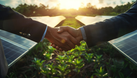 Businessmen shaking hands in a solar panel field, symbolizing sustainable partnerships, softly lit in warm sunlightの素材