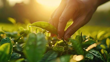 Farmer gently picking green tea leaves at sunrise, dew drops shimmering on the leaves under a soft, golden glow, closeup shotの素材