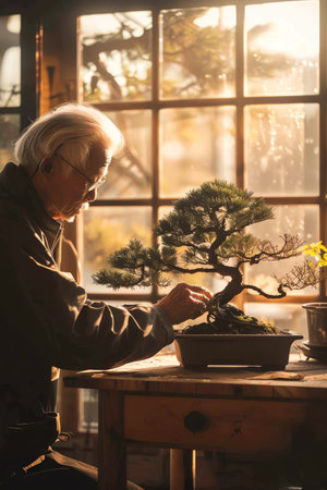 Elderly man tending to a bonsai tree on a wooden table, natural lighting filtering through nearby windows, highlighting his meticulous careの素材