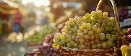 A basket overflowing with fresh grapes catches the warm, golden sunlight at an open-air market, blurred stalls in the background.の素材