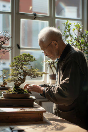 Elderly man tending to a bonsai tree on a wooden table, natural lighting filtering through nearby windows, highlighting his meticulous careの素材