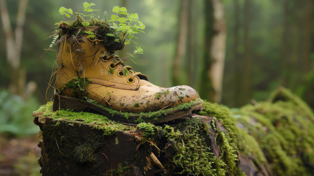 Old hiking boot on a tree stump, covered in moss with small plants growing inside, forest backdrop, soft morning lightの素材