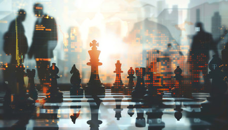 Silhouetted chess pieces with business professionals in the background, double exposure, cityscape and stock charts, muted tonesの素材