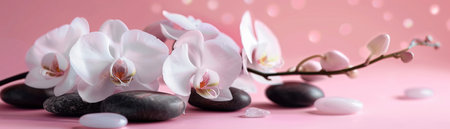 Spa scene with white orchids and polished stones against a pink background, evoking relaxation and tranquility.の素材