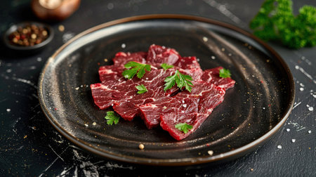 Sliced raw marbled beef on a dark plate, garnished with parsley, elegant presentation, gourmet meat preparation.の素材