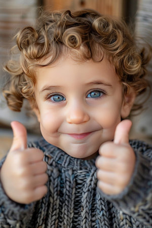 Toddler giving thumbs up, beaming with big blue eyes and curly hair. Close-up, blurred rustic background.の素材